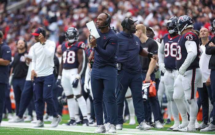 Texans head coach DeMeco Ryans on the sideline during the third quarter against the New Orleans Saints at NRG Stadium.